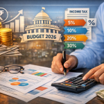 A professional salaried employee reviewing personal finances with a calculator and documents, overlaid with graphical icons of income tax slabs and budget symbols.
