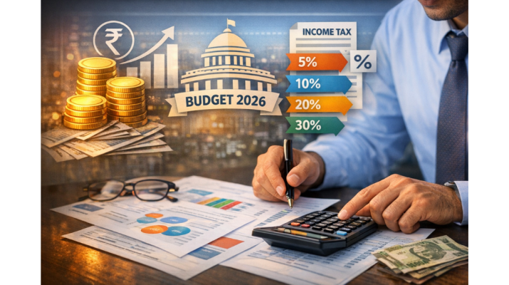 A professional salaried employee reviewing personal finances with a calculator and documents, overlaid with graphical icons of income tax slabs and budget symbols.