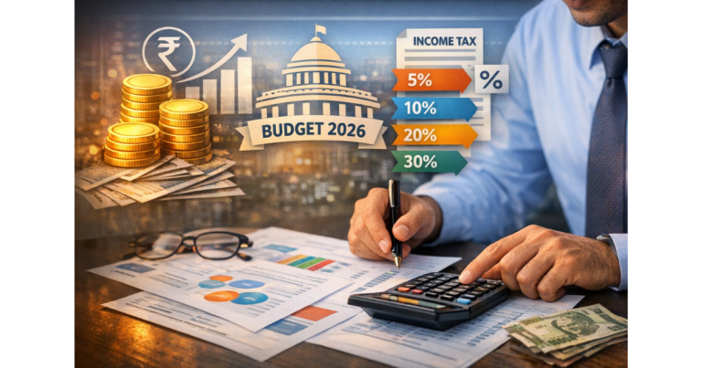 A professional salaried employee reviewing personal finances with a calculator and documents, overlaid with graphical icons of income tax slabs and budget symbols.