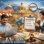 A digital illustration showing how small businesses are adapting to new compliance and taxation norms. In the foreground, a male business owner works on a laptop surrounded by documents, invoices, a calculator, and stacks of coins. A female professional points to a large clipboard labeled “Tax Compliance” with checkmarks for GST filing, tax returns, and audit reports. Background elements include a small business storefront, government buildings, a globe, charts, and icons representing e-invoicing, tax consulting, and digital accounting, symbolizing the evolving regulatory and financial landscape.