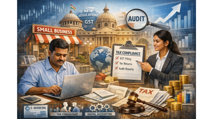 A digital illustration showing how small businesses are adapting to new compliance and taxation norms. In the foreground, a male business owner works on a laptop surrounded by documents, invoices, a calculator, and stacks of coins. A female professional points to a large clipboard labeled “Tax Compliance” with checkmarks for GST filing, tax returns, and audit reports. Background elements include a small business storefront, government buildings, a globe, charts, and icons representing e-invoicing, tax consulting, and digital accounting, symbolizing the evolving regulatory and financial landscape.