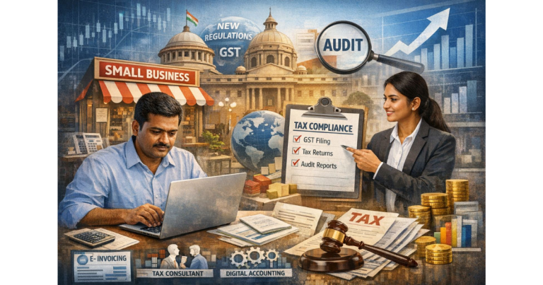 A digital illustration showing how small businesses are adapting to new compliance and taxation norms. In the foreground, a male business owner works on a laptop surrounded by documents, invoices, a calculator, and stacks of coins. A female professional points to a large clipboard labeled “Tax Compliance” with checkmarks for GST filing, tax returns, and audit reports. Background elements include a small business storefront, government buildings, a globe, charts, and icons representing e-invoicing, tax consulting, and digital accounting, symbolizing the evolving regulatory and financial landscape.