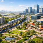 Smart city development in a Tier 2 Indian city showing modern residential buildings, commercial complexes, green public spaces, and connected transport infrastructure symbolising new economic region clusters.