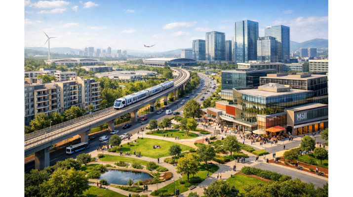 Smart city development in a Tier 2 Indian city showing modern residential buildings, commercial complexes, green public spaces, and connected transport infrastructure symbolising new economic region clusters.