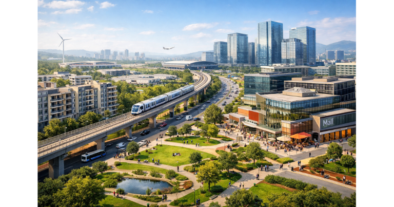 Smart city development in a Tier 2 Indian city showing modern residential buildings, commercial complexes, green public spaces, and connected transport infrastructure symbolising new economic region clusters.