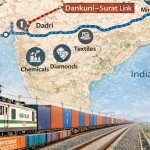 A high-capacity freight train moving on a newly constructed dedicated rail corridor, symbolizing the Dankuni–Surat freight link connecting eastern and western India’s industrial hubs.