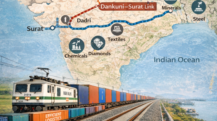 A high-capacity freight train moving on a newly constructed dedicated rail corridor, symbolizing the Dankuni–Surat freight link connecting eastern and western India’s industrial hubs.