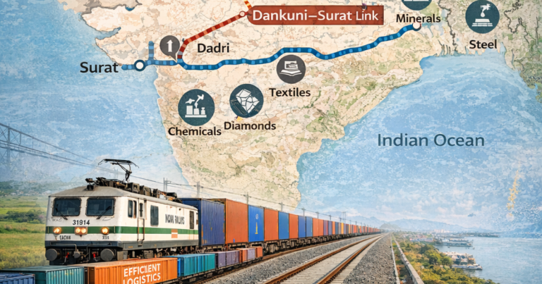 A high-capacity freight train moving on a newly constructed dedicated rail corridor, symbolizing the Dankuni–Surat freight link connecting eastern and western India’s industrial hubs.