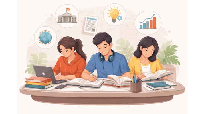 Students preparing for upcoming government exams 2026 while studying current affairs and policy updates in a focused academic setting