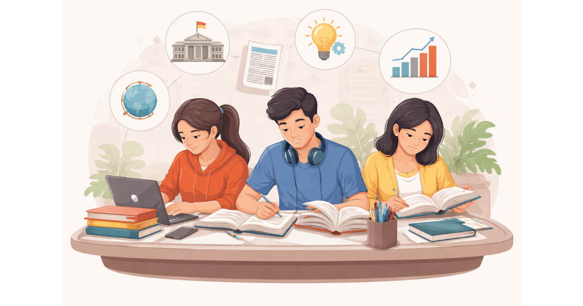 Students preparing for upcoming government exams 2026 while studying current affairs and policy updates in a focused academic setting