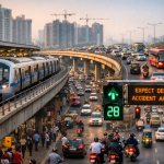 Commuters using metro trains, flyovers, and smart traffic systems during peak hours in a modern Indian city