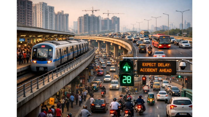 Commuters using metro trains, flyovers, and smart traffic systems during peak hours in a modern Indian city