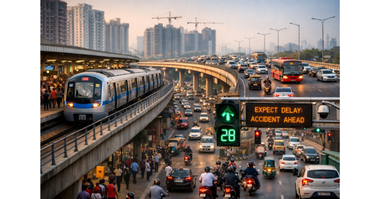 Commuters using metro trains, flyovers, and smart traffic systems during peak hours in a modern Indian city