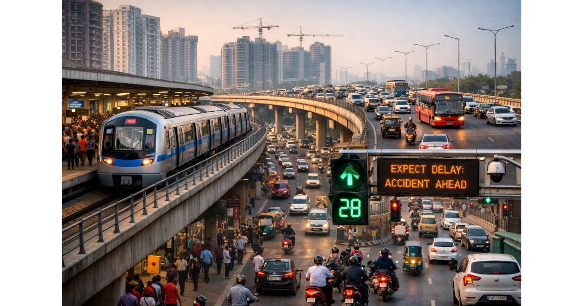 Commuters using metro trains, flyovers, and smart traffic systems during peak hours in a modern Indian city